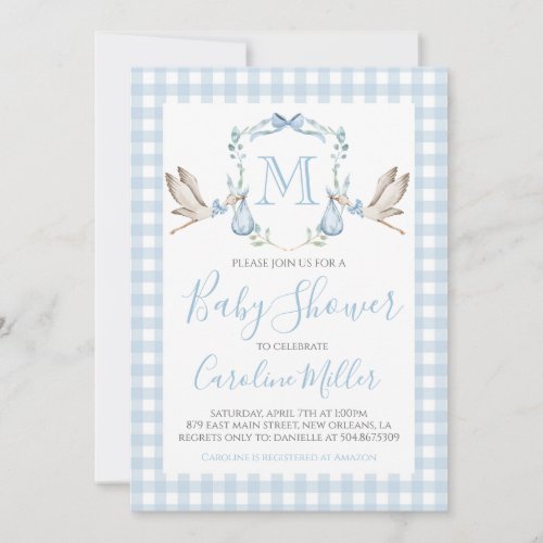 Baby Boy Baby Shower Preppy Stork Gingham Blue Invitation