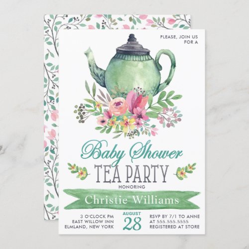 Baby Boy Baby Shower Tea Party Floral Watercolor Invitation