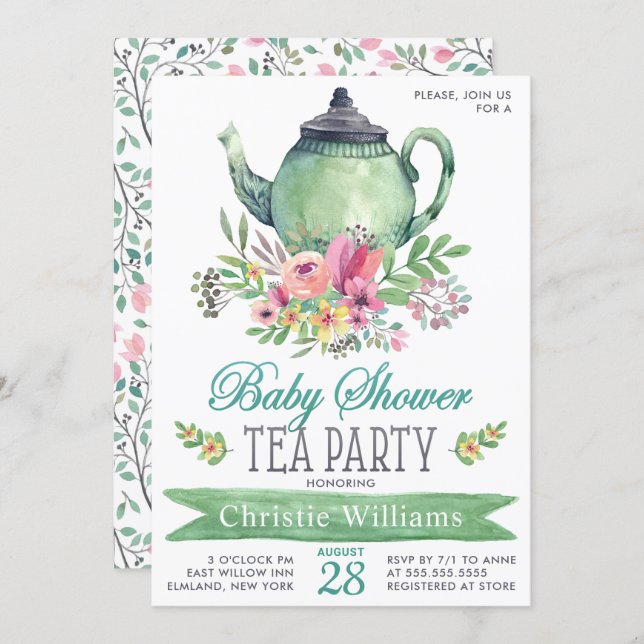 Baby Boy Baby Shower Tea Party Floral Watercolor Invitation (Front/Back)