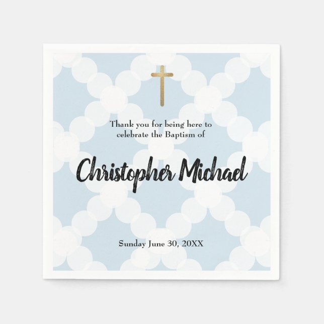 Baby boy Baptism blue and white circle pattern Napkins (Front)