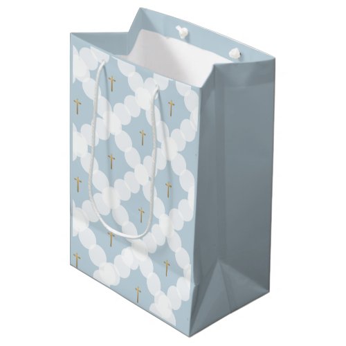 Baby Boy baptism Blue gold cross white pattern Medium Gift Bag