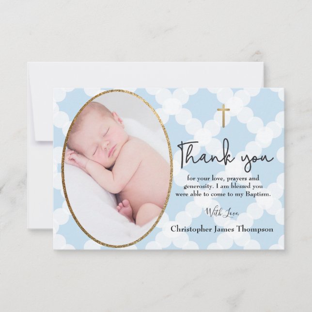 Baby Boy Baptism Christening Blue White thank You Card (Front)