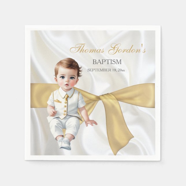 Baby Boy Baptism Christening Gold Bow Napkins (Front)