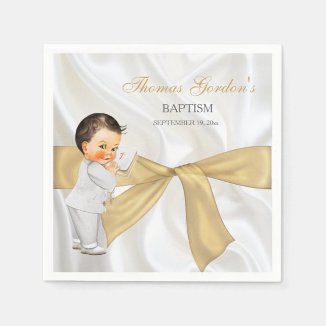 Baby Boy Baptism Christening Gold Bow Paper Napkins (Front)