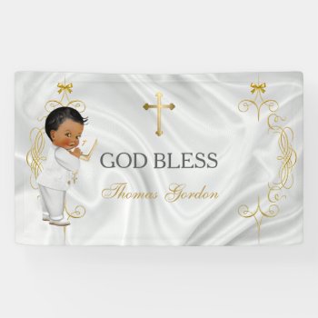 Baby Boy Baptism Christening Gold Cross Banner by HydrangeaBlue at Zazzle