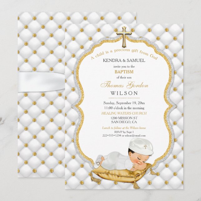 Baby Boy Baptism Christening Gold Cross Invitation (Front/Back)