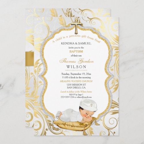 Baby Boy Baptism Christening Gold Cross Invitation