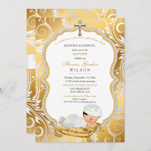 Baby Boy Baptism Christening Gold Cross Invitation