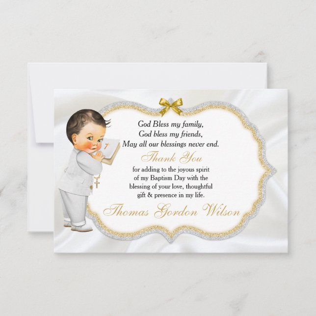 Baby Boy Baptism Christening Gold Cross Thank You Card (Front)