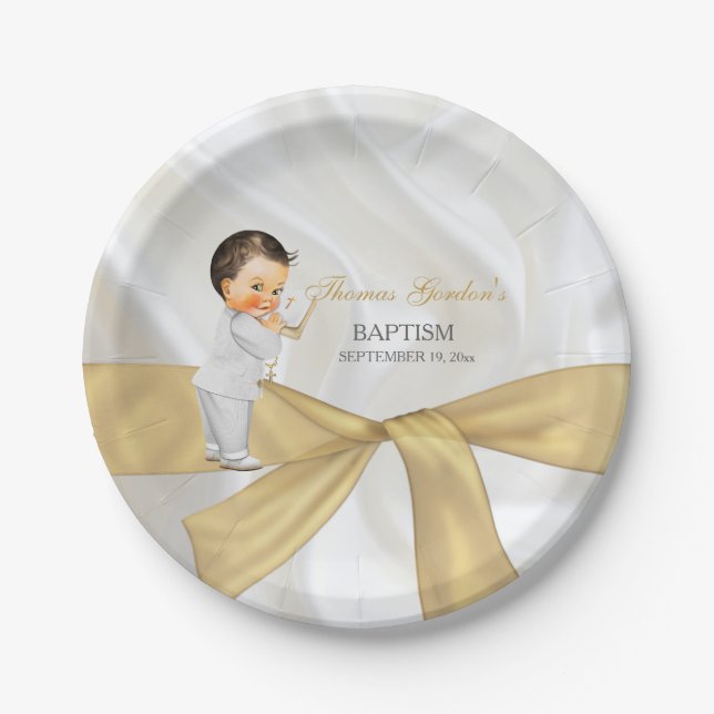Baby Boy Baptism Christening Gold White Paper Plates (Front)