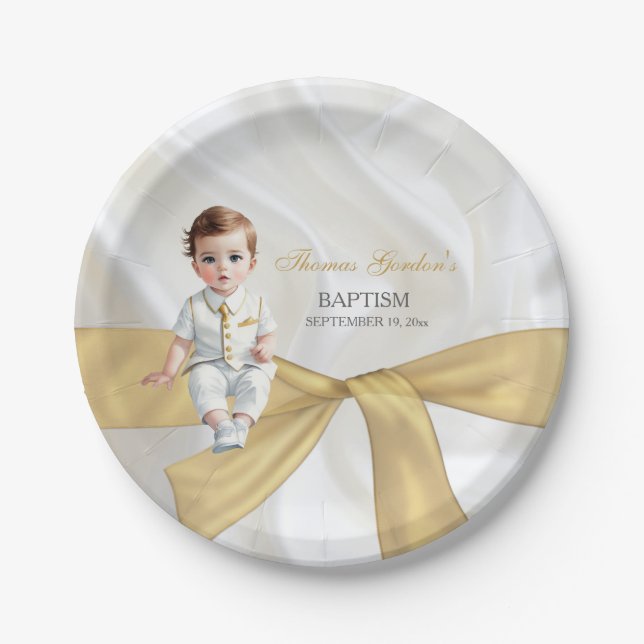 Baby Boy Baptism Christening Gold White Paper Plates (Front)