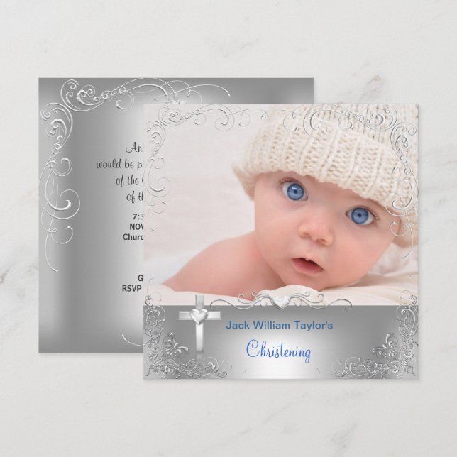 Baby Boy Baptism Christening Silver Cross Invitation (Front/Back)