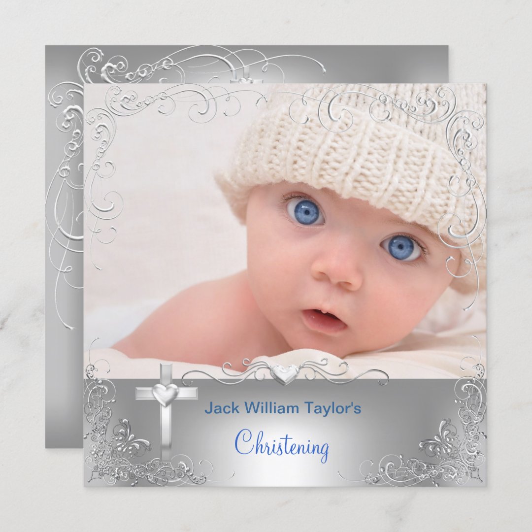 Baby Boy Baptism Christening Silver Cross Invitation | Zazzle