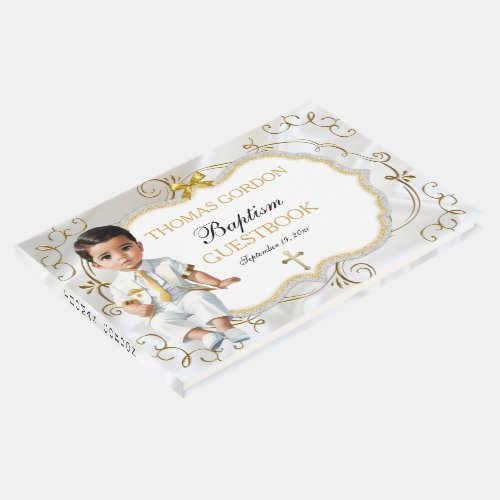 Baby Boy Baptism Christening White  Gold Cross Guest Book