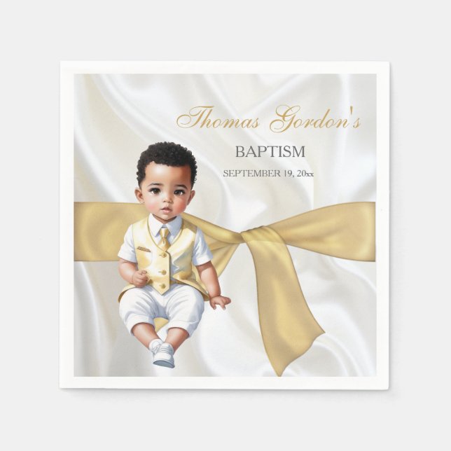 Baby Boy Baptism Christening White & Gold Napkins (Front)