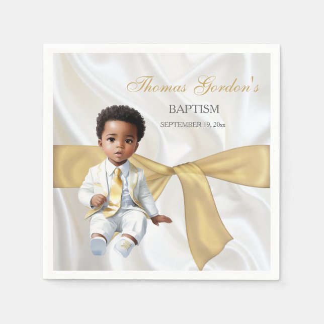 Baby Boy Baptism Christening White & Gold Napkins (Front)