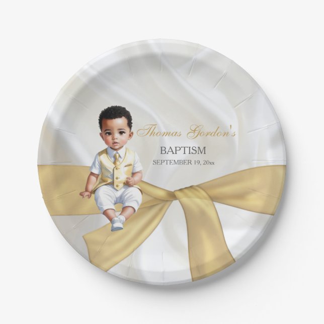 Baby Boy Baptism Christening White & Gold Paper Plates (Front)