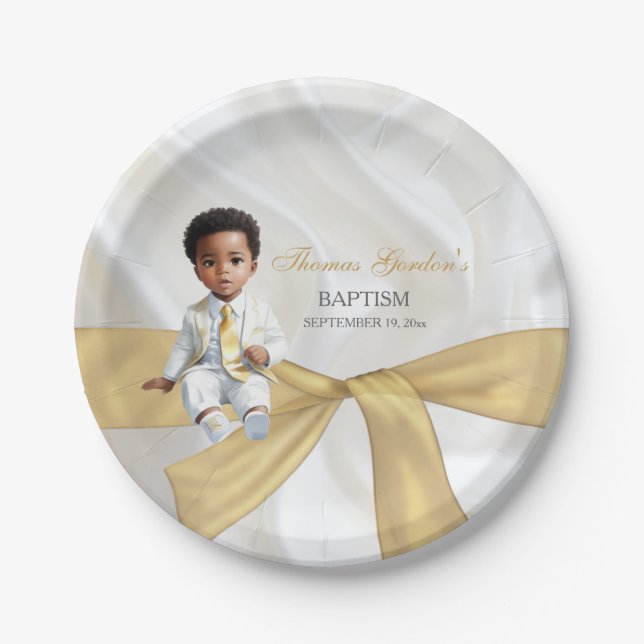 Baby Boy Baptism Christening White & Gold Paper Plates (Front)