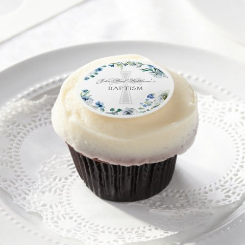 Baby Boy Baptism Cute Blue Floral Religious Cross Edible Frosting Rounds