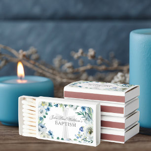 Baby Boy Baptism Cute Blue Floral Religious Cross Matchboxes