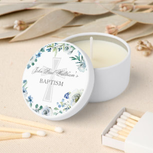 Baby Boy Baptism Cute Blue Floral Religious Cross Mini Candle Favors