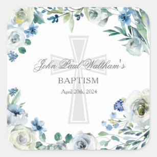 Baby Boy Baptism Cute Blue Floral Religious Cross Square Sticker