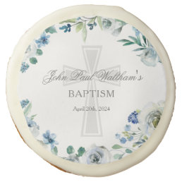 Baby Boy Baptism Cute Blue Floral Religious Cross Sugar Cookie