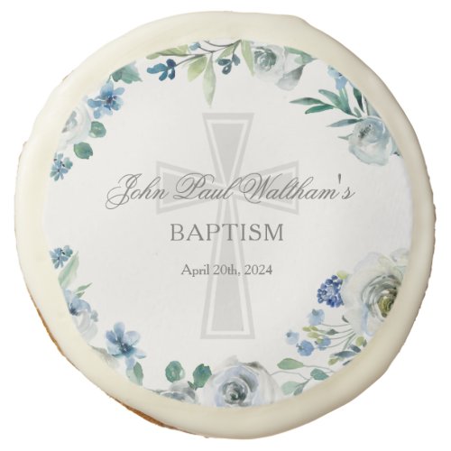 Baby Boy Baptism Cute Blue Floral Religious Cross Sugar Cookie