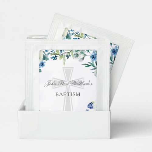 Baby Boy Baptism Cute Blue Floral Religious Cross Tea Bag Drink Mix