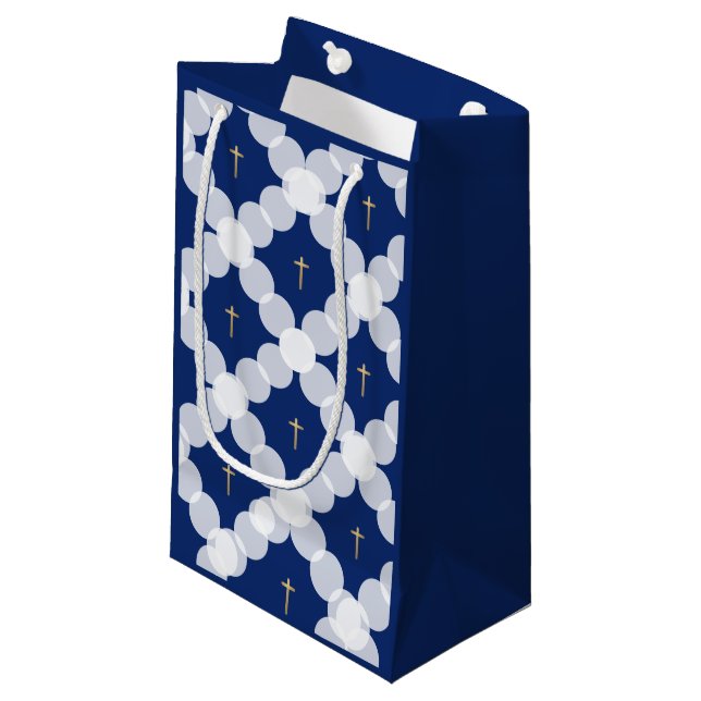 Baby Boy baptism Dark Blue gold cross white Small Gift Bag (Front Angled)