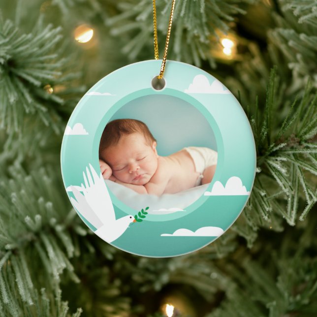 Baby Boy Baptism Dove Clouds Photo Frame Ceramic Ornament (Tree)