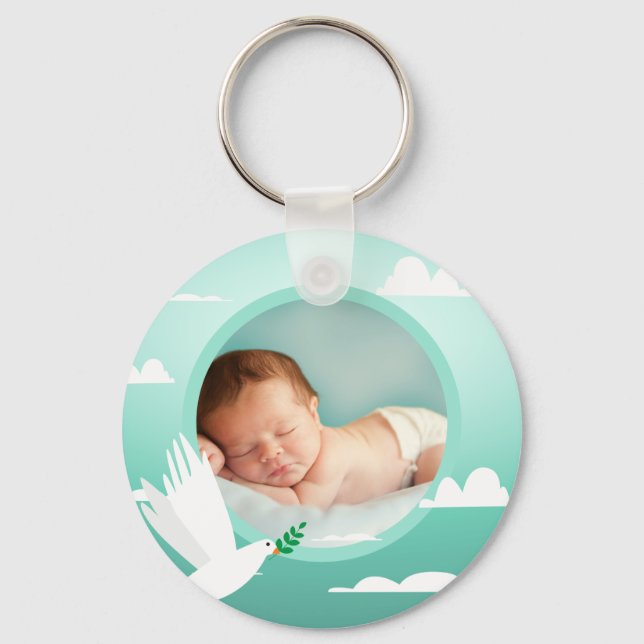 Baby Boy Baptism Dove Clouds Photo Frame Keychain (Front)