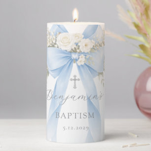 Baby Boy Baptism Eucalyptus Blue Coquette Bow Pillar Candle