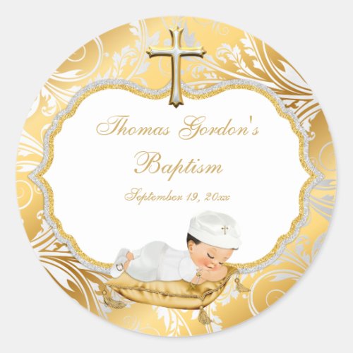 Baby Boy Baptism Gold Cross Classic Round Sticker