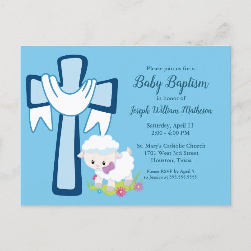 Baby Boy Baptism Little Lamb Cute Invitation Postcard
