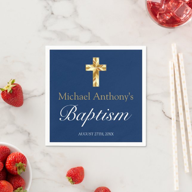 Baby Boy Baptism Navy Blue Gold Cross Napkins (Insitu)