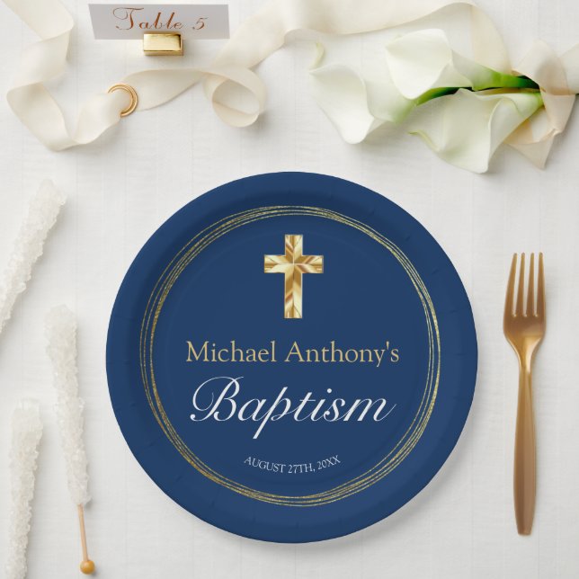 Baby Boy Baptism Navy Blue Gold Cross  Paper Plates (Wedding)