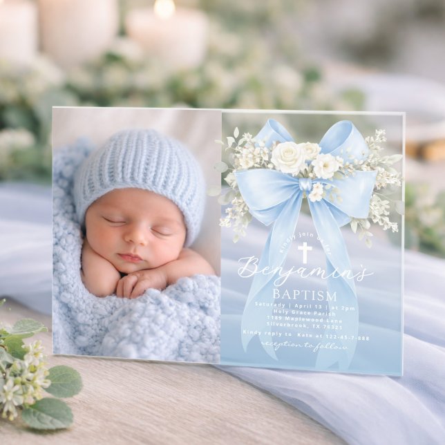 Baby Boy Baptism Photo Floral Eucalyptus Bow Acrylic Invitations (Creator Uploaded)