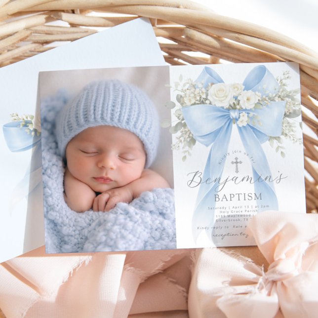 Baby Boy Baptism Photo Floral Eucalyptus Bow Invitation (Creator Uploaded)