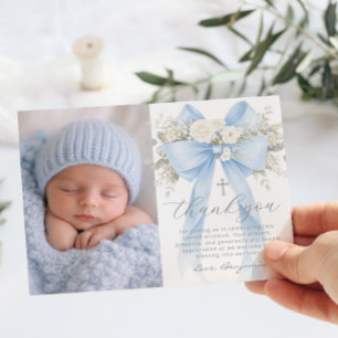 Baby Boy Baptism Photo Floral Thank you Card