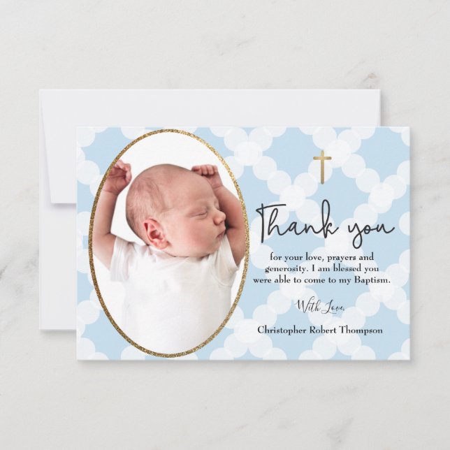 Baby Boy Baptism photo Pattern Blue White  Thank You Card (Front)