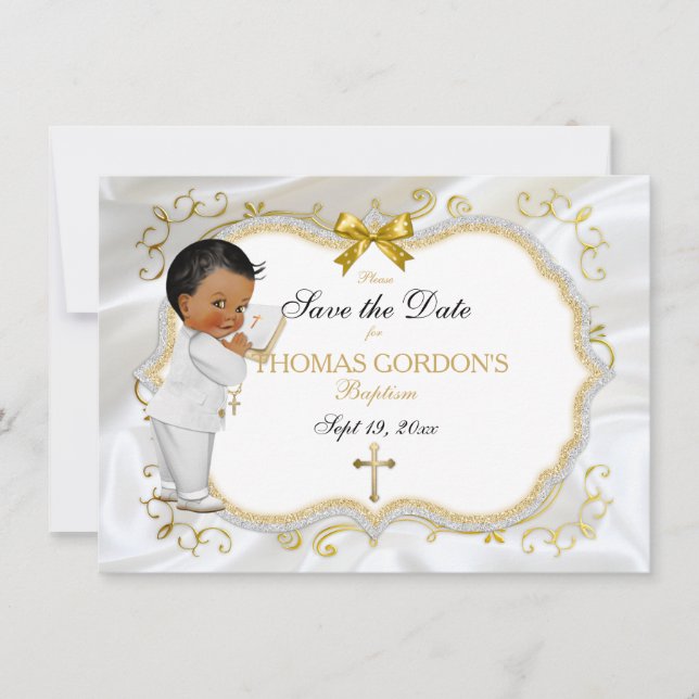 Baby Boy Baptism Save Date White Gold Cross Save The Date (Front)