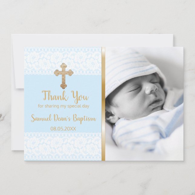 Baby Boy Baptism Thank You Custom Photo Gold Cross (Front)