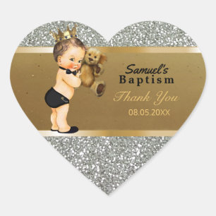 Baby Boy Baptism Thank You Favor Gold Silver Heart Sticker