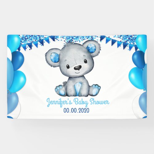 Baby Boy Bear Banner Shower Backdrop Blue Gray_