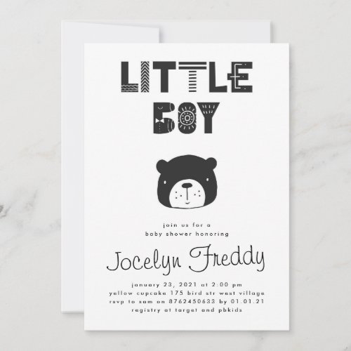 Baby Boy Bear Black  White Baby Shower Invitation