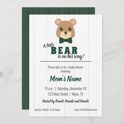 Baby Boy Bear Green & Gold Baby Shower Invitation