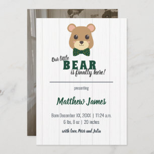Baby Boy Bear Green & Gold Vertical Baby Announcement