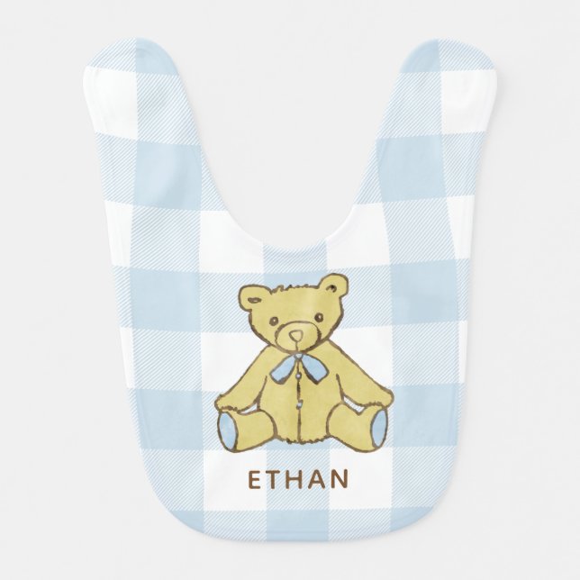 Baby Boy Bear Pastel Blue Buffalo Plaid with Name Baby Bib (Front)