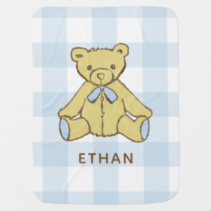 Baby Boy Bear Pastel Blue Buffalo Plaid with Name Baby Blanket